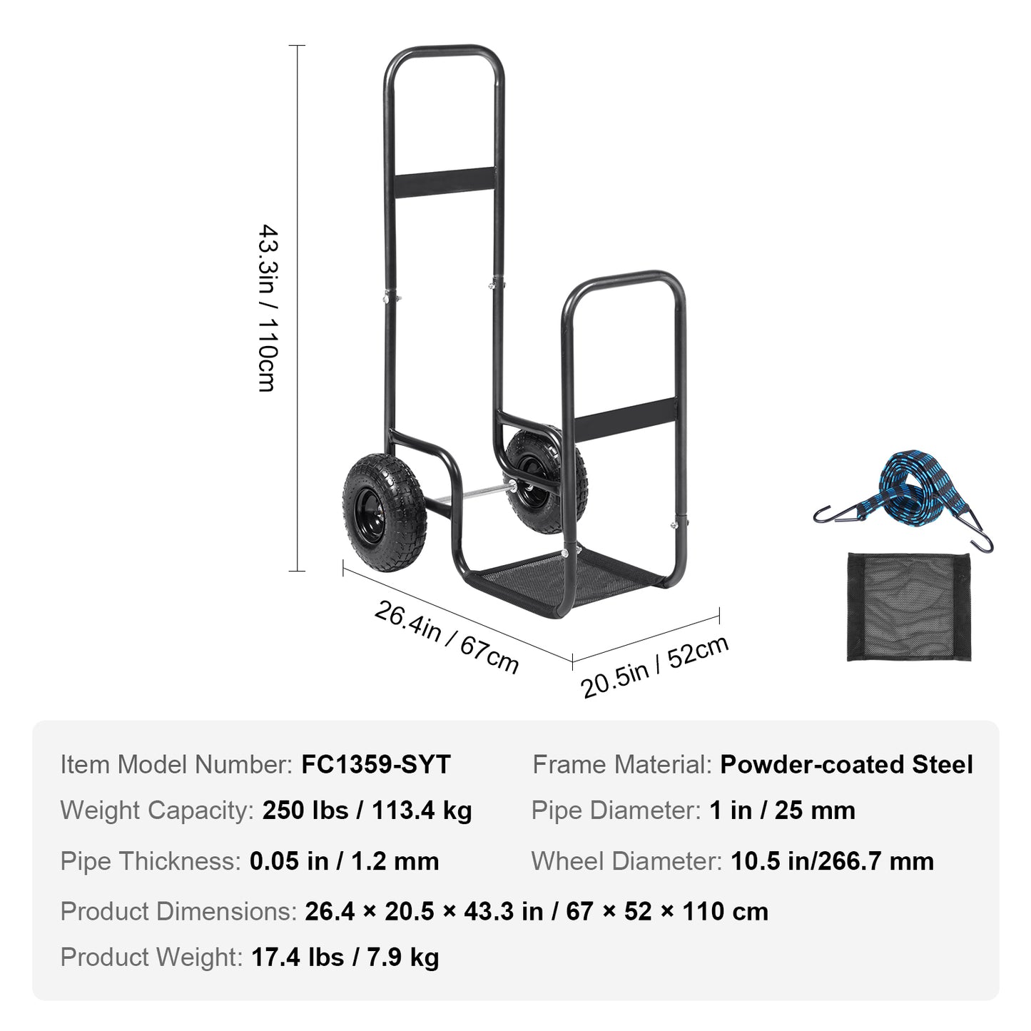 Firewood Log Cart, 250 lbs Load Capacity, Outdoor and Indoor Wood Rack Storage Mover with Pneumatic Rubber Wheels, Heavy Duty Steel Dolly Hauler, Firewood Carrier for Fireplace, Fire Pit, Black image 10
