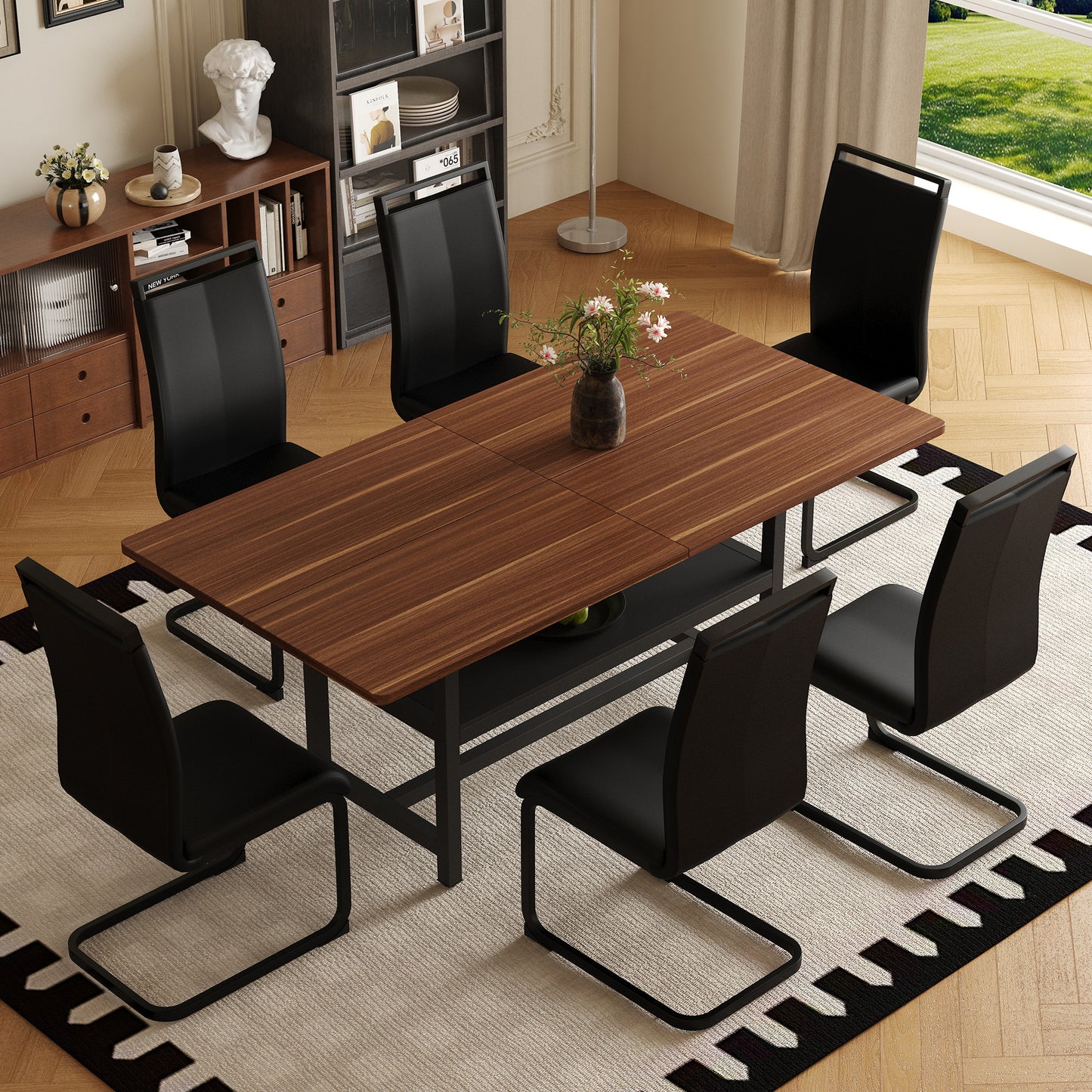 Table and chair set.71 inch long fashionable walnut grain dining table, a practical choice to add color to the home.Paired with 6 Black PU Chairs With C-tube Black Metal Chair Legs. image 3