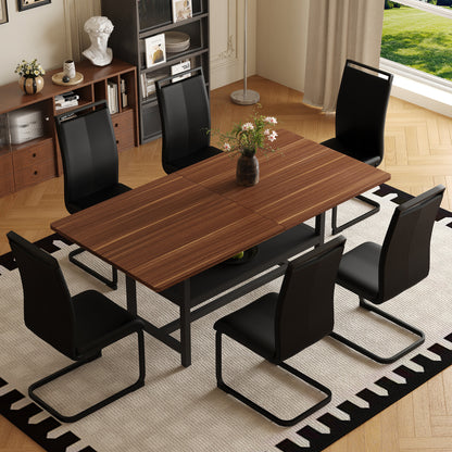 Table and chair set.71 inch long fashionable walnut grain dining table, a practical choice to add color to the home.Paired with 6 Black PU Chairs With C-tube Black Metal Chair Legs. image 3