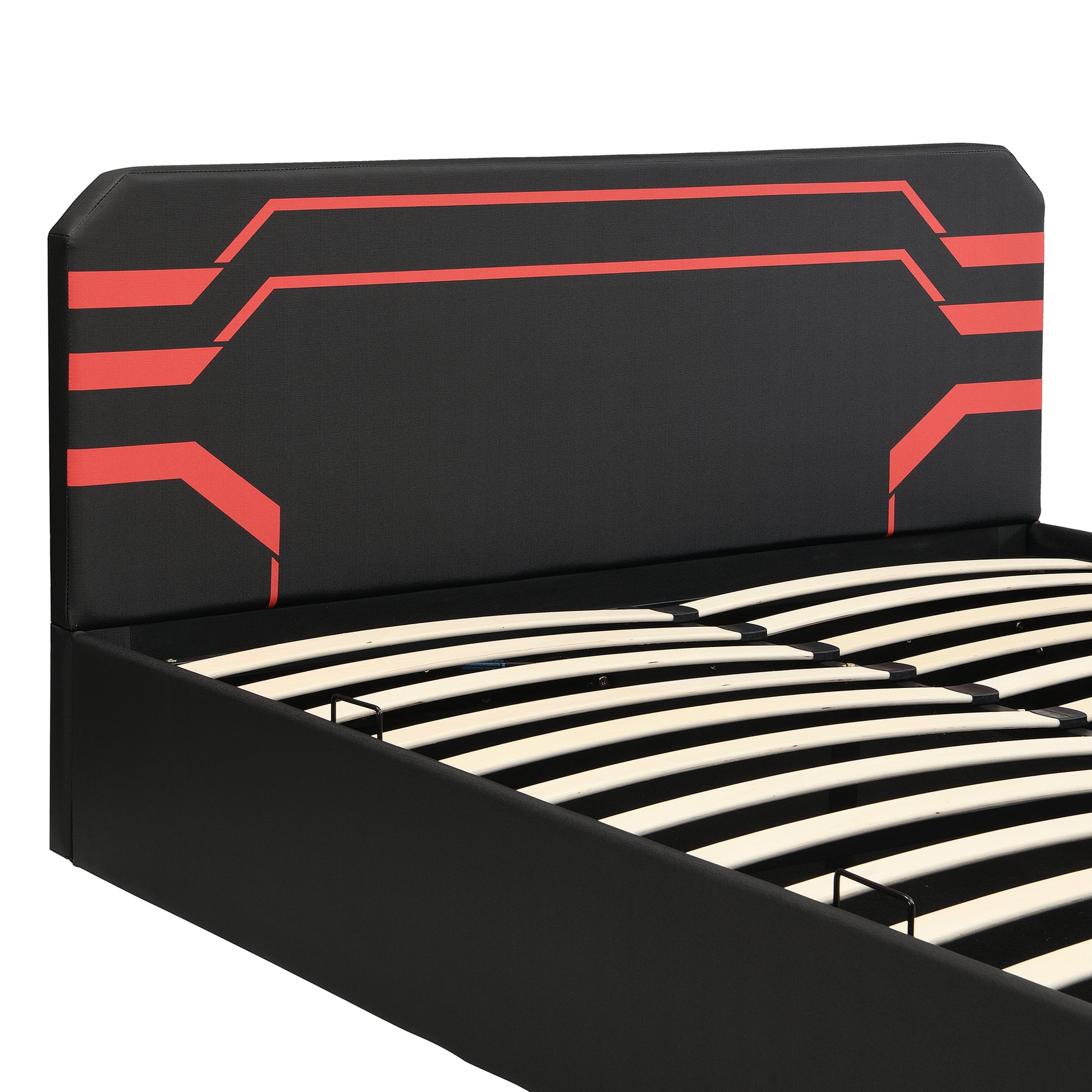 Queen Size Upholstered Gaming Bed with Side-Lift Hydraulic Storage System, Cyberpunk Style Platform Bed with Futuristic Pattern for Gamers & Gen Z, Black+Red image 5