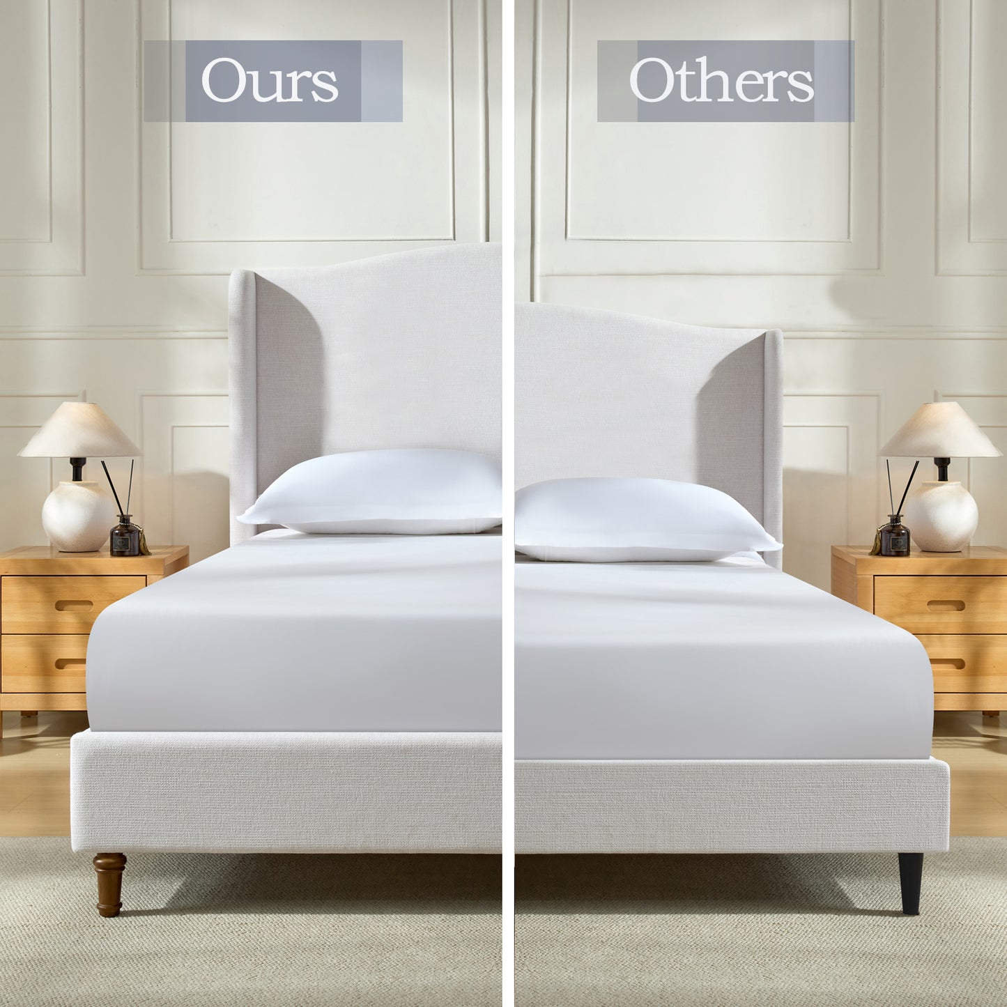 Hannah Upholstered Wingback Bed Size King / Tall 54" Headboard Upholstered King Bed / Premium Textured Canvas Chenille Look Ivory / Minimalist Designs
/ No Box Spring Needed / Easy Assembly / King image 6