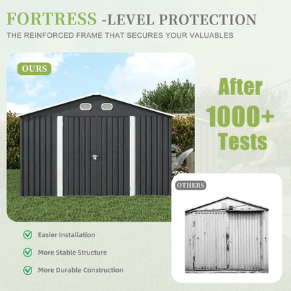 10x12 FT Outdoor Metal Storage Shed, Large Storage Sheds with Sturdy Frame Structure, Metal Garden Tool Shed with Lockable Door for Garden,Gift a foldable flower pot stand, Backyard, Drak gray image 3