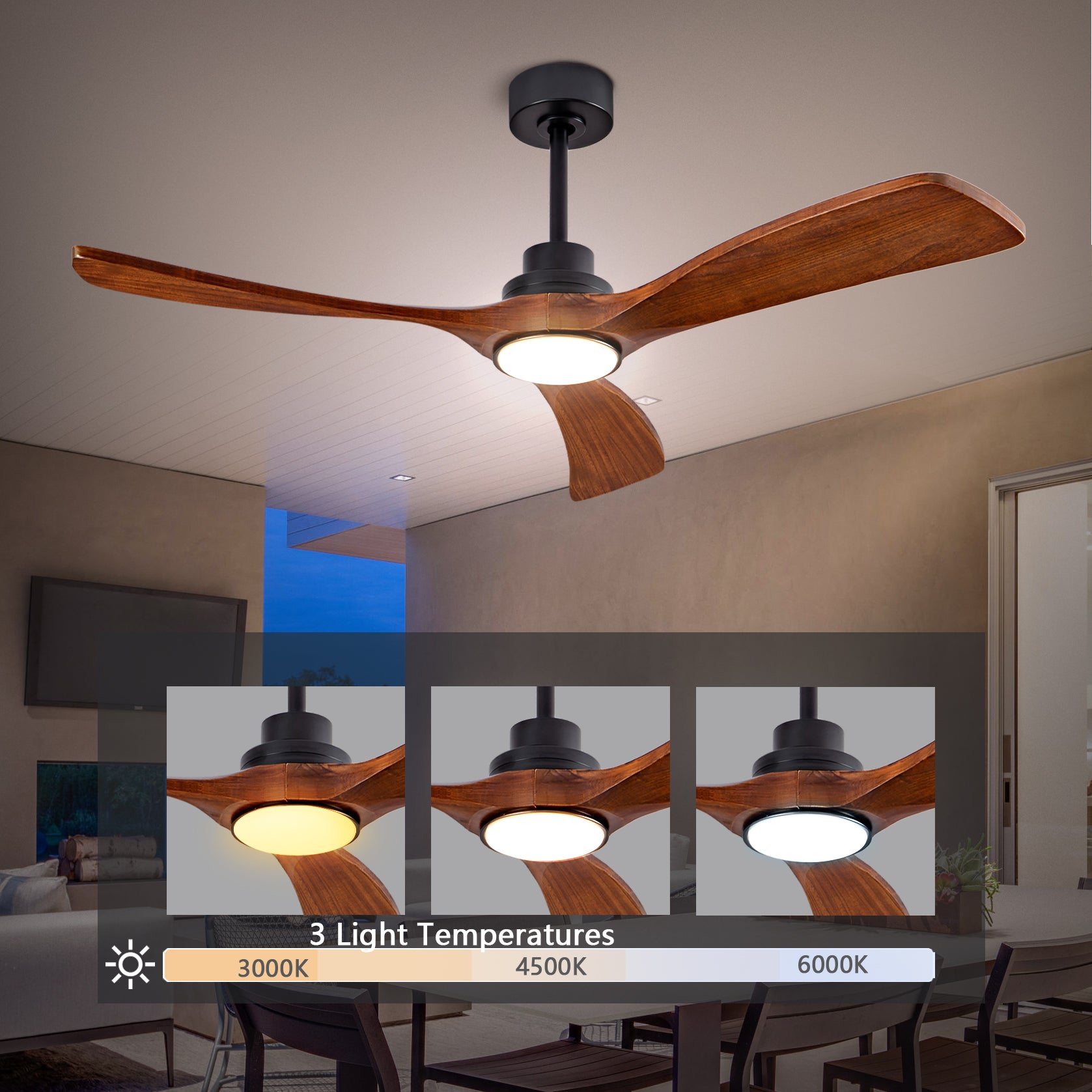52" indoor Ceiling Fan with Light,3 Walnut Solid Wood Blade, Remote Control,3 CCT Dimmable LED, Timer, 6-Speed Reversible Motor Use for Living Room or Patio image 2