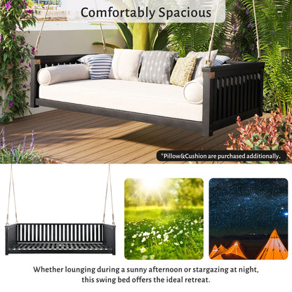 TOPMAX Patio Minimalist Twin Size Garden Swing Bed Wood Porch Swing with Ropes for Backyard, Safe Sloped Design, Black image 5