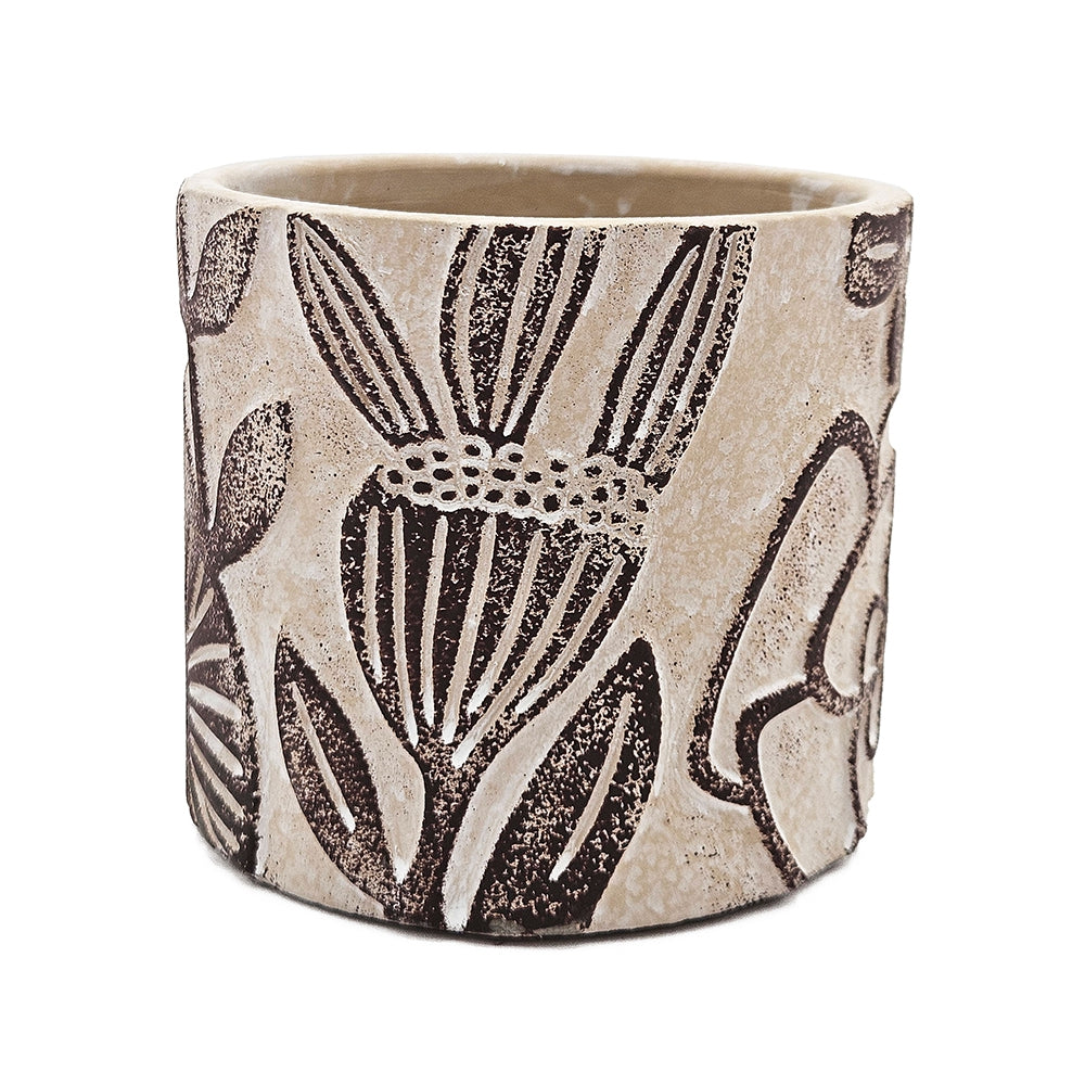 Set of 4 4.3x4.3x4" Gray Sand and Cement Planters with Brown Botanical Motifs image 10