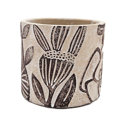 Set of 4 4.3x4.3x4" Gray Sand and Cement Planters with Brown Botanical Motifs image 10