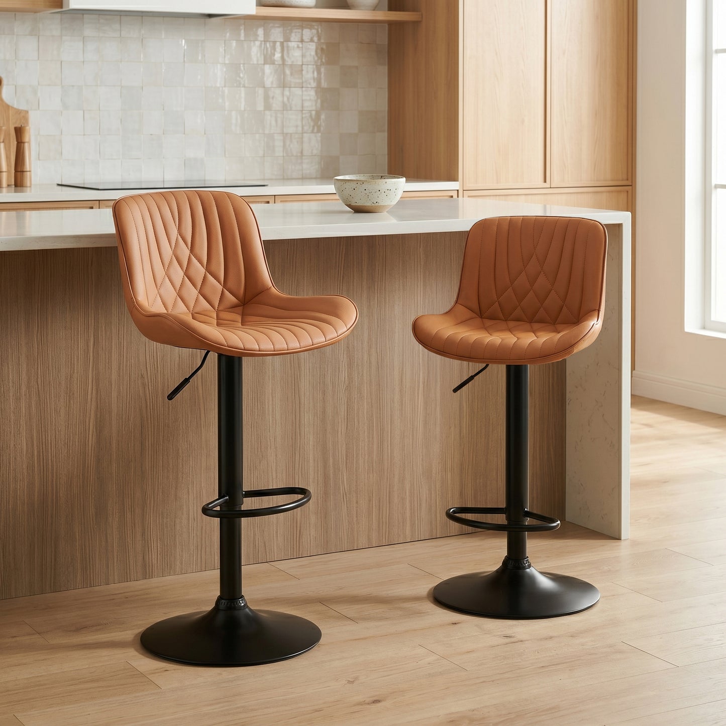 Kovyn Contemporary Adjustable Barstool with Faux Leather Swivel Seats, Set of 2, Camel image 1