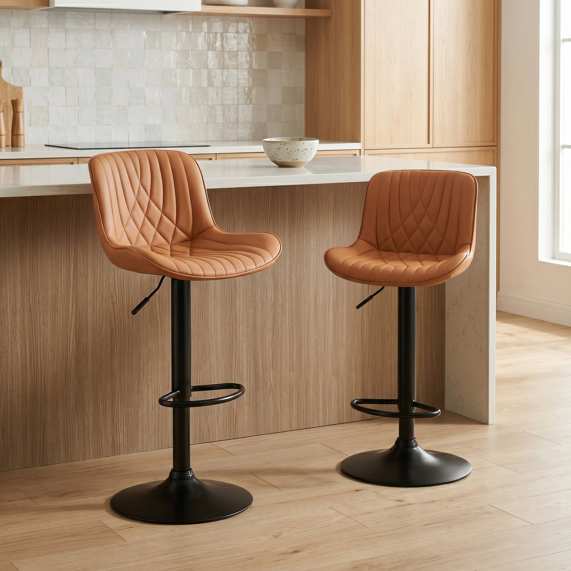 Kovyn Contemporary Adjustable Barstool with Faux Leather Swivel Seats, Set of 2, Camel image 1