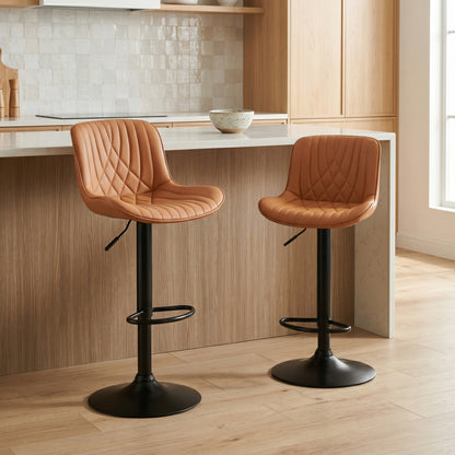 Kovyn Contemporary Adjustable Barstool with Faux Leather Swivel Seats, Set of 2, Camel image 1