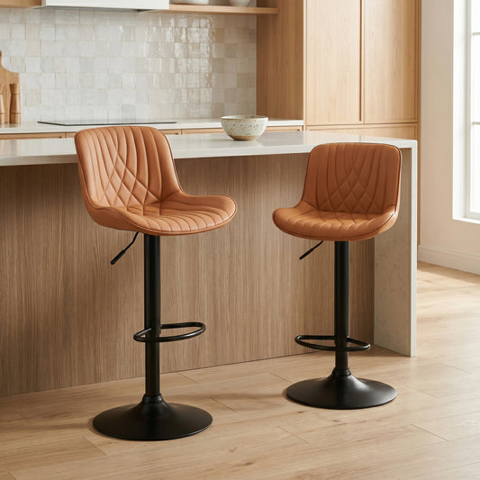 Kovyn Contemporary Adjustable Barstool with Faux Leather Swivel Seats, Set of 2, Camel image 1