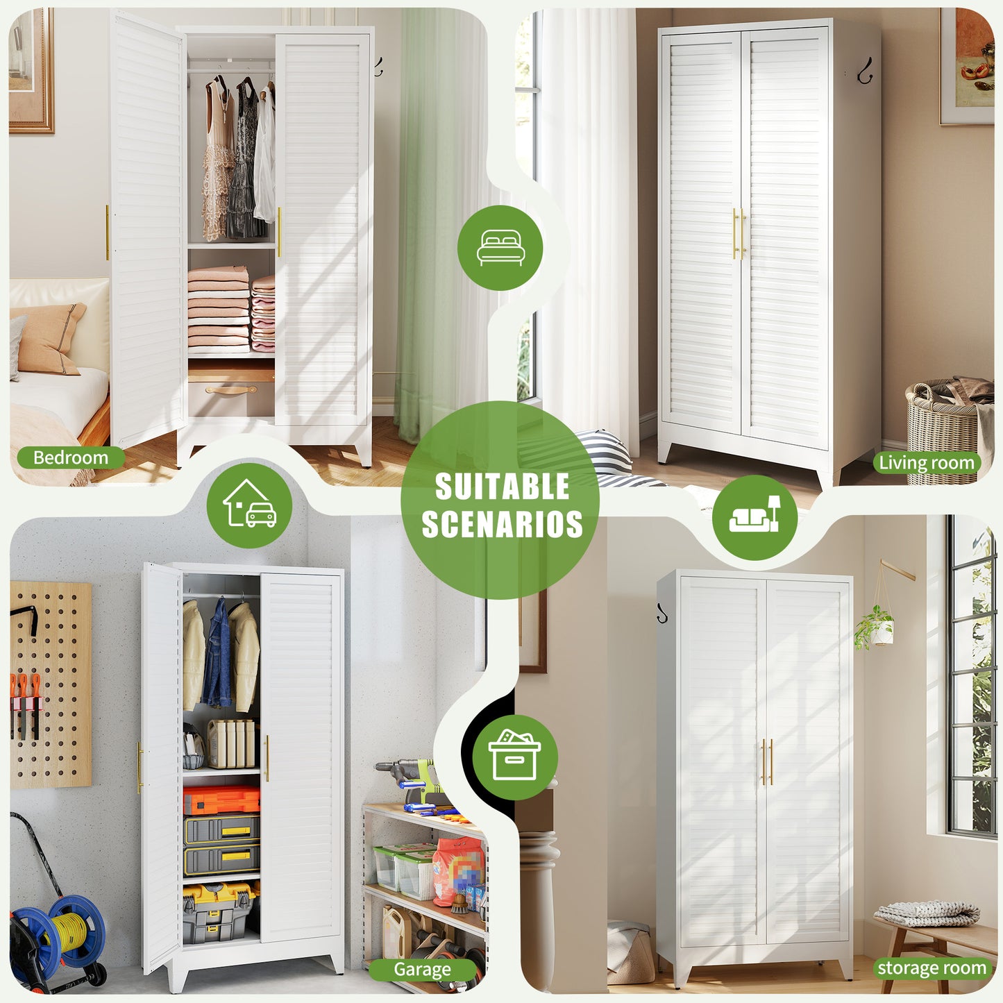 White Metal Wardrobe Closet with 2 Doors, 71″ Tall Portable Storage Cabinet for Bedroom, Lightweight Closet for Small Apartments, Dorm, Renters, Cold Rolled Steel, Easy Assembly image 4