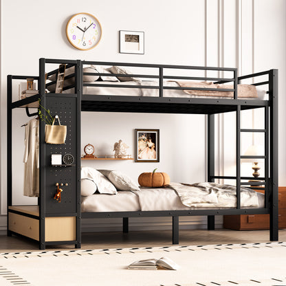 Full over Full size Metal Bunk Bed for Teens with Storage Shelves,Drawers and Pegboard,Black image 1