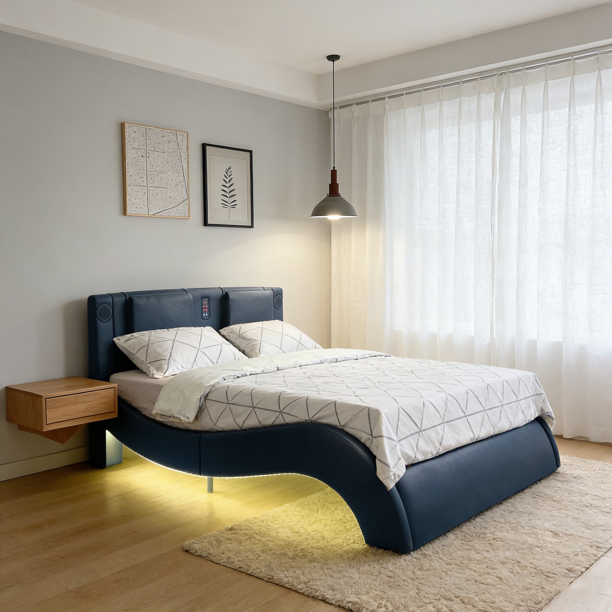 Faux Leather Upholstered Platform Bed Frame with led lighting, Bluetooth connection to play music control, Backrest vibration massage, Curve Design, Wood Slat Support, Exhibited Speakers, King Size image 2