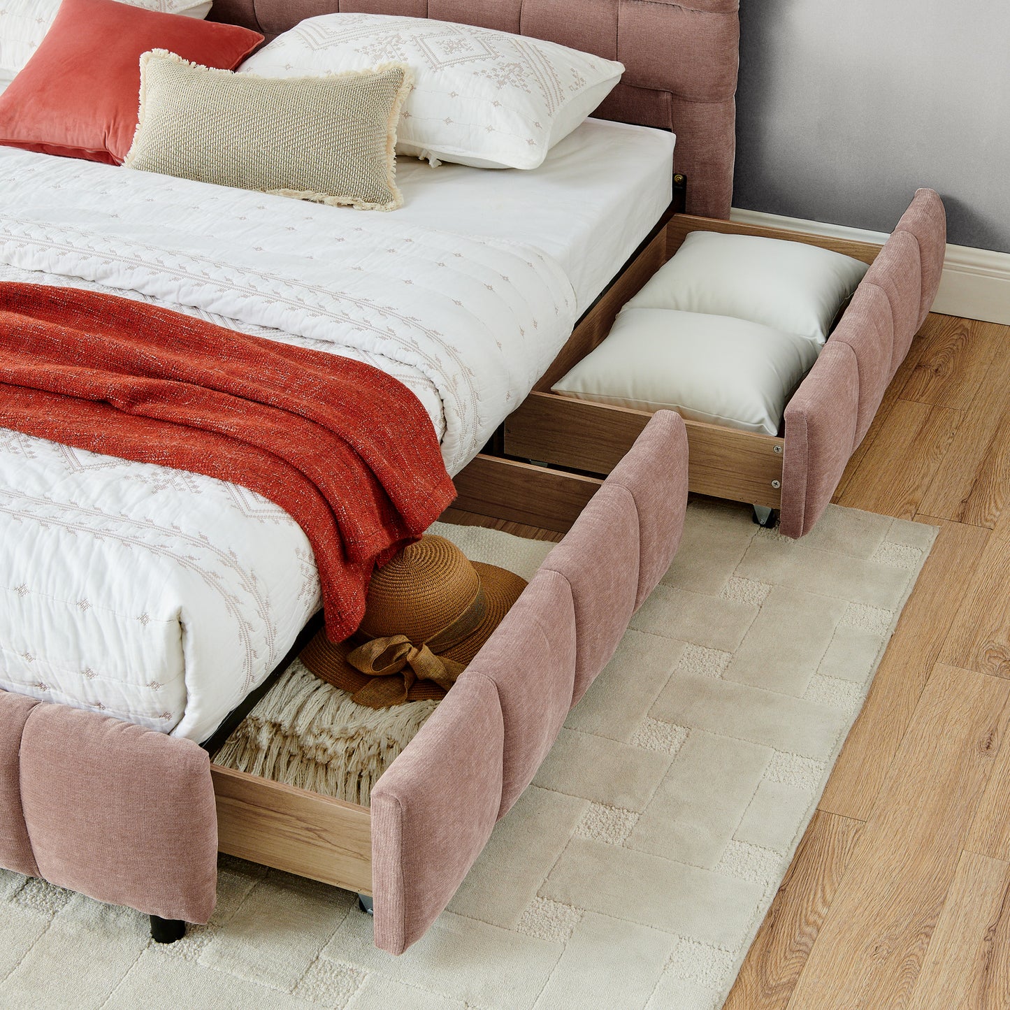King Size Upholstered Bed,comfortable upholstered bed frame, Chenille fabric, with headboard and solid bed frame. With drawer for storage.-Pink(88.5''*85.5''*31'') image 7