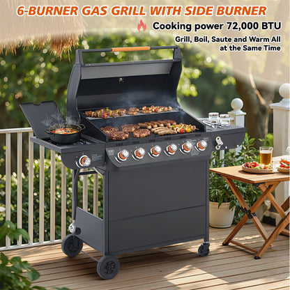 6 Burner BBQ Propane Gas Grill with Side Burner 72000 BTU Output Stainless Steel Barbecue Grill with Cast Iron Grates and Side Tables for Outdoor Cooking Kitchen and Patio Backyard. image 3