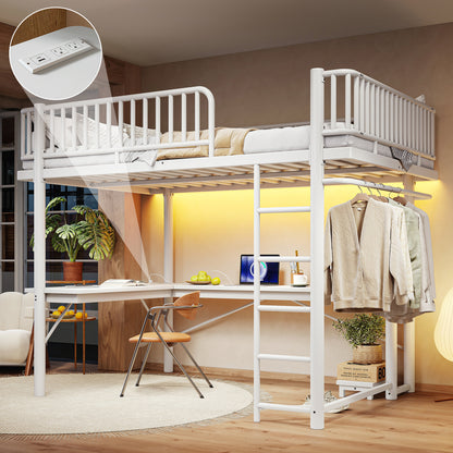 Queen Loft Bed with L-Shaped Desk,LED Light Strip and Charge Station, Metal Loft Bed with Computer Mainframe Tray and Hanging Area, Special Round Pipe Design, White image 1