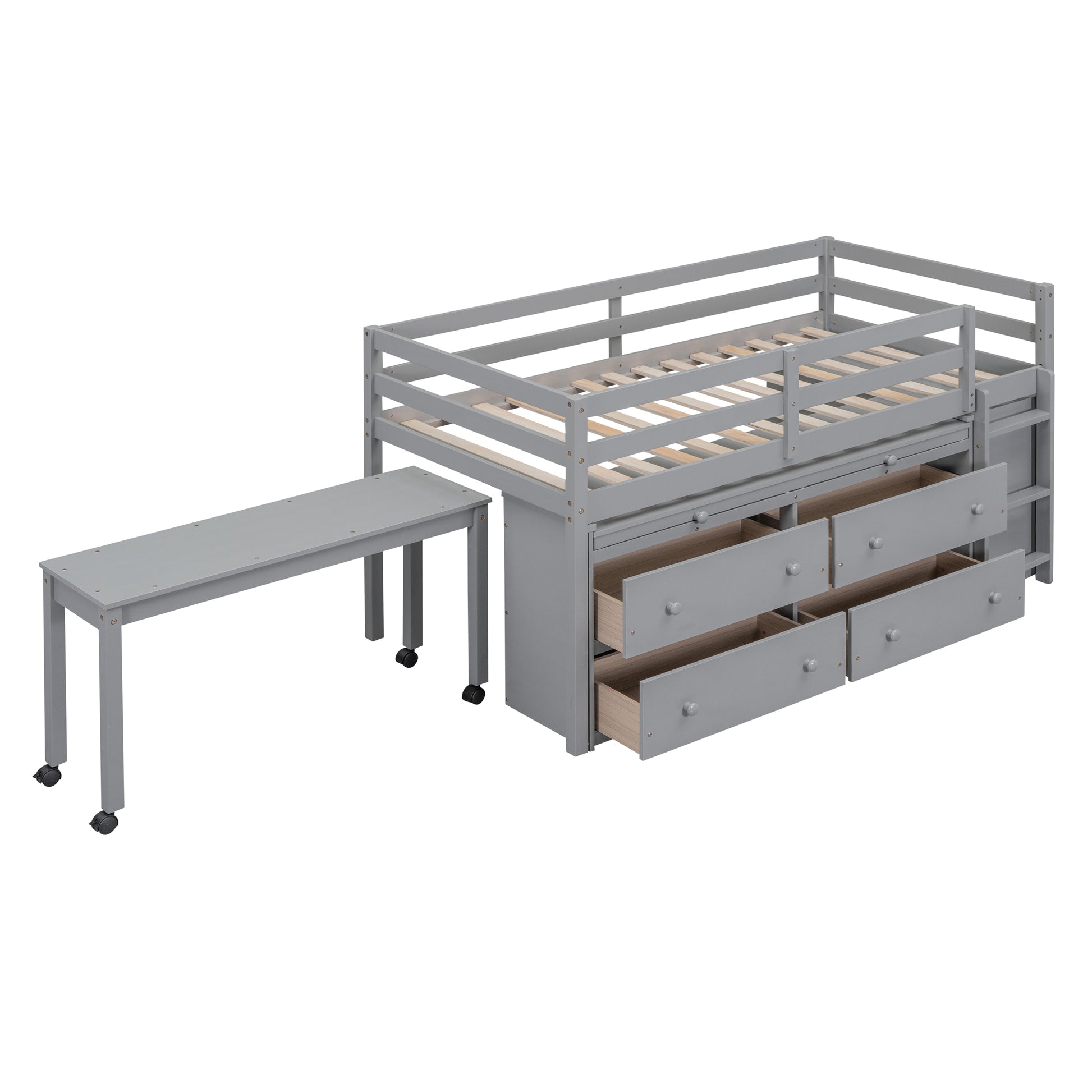 Twin Size Loft Bed with Retractable Writing Desk and 4 Drawers, Wooden Loft Bed with Lateral Portable Desk and Shelves, Gray image 4