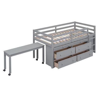 Twin Size Loft Bed with Retractable Writing Desk and 4 Drawers, Wooden Loft Bed with Lateral Portable Desk and Shelves, Gray image 4