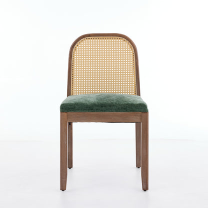 Set of 2 Curved Arched Cane Back Dining Chairs,Mid Century Farmhouse Side Chairs,Distressed Solid Wood Frame,Chenille Cushion with S-Spring and Sponge,Armless Accent Chairs for Kitchen,Green,SW1899OL image 2