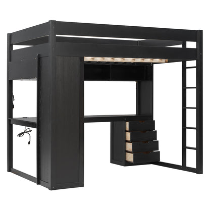 Full Size Solid Wood Loft Bed with L-Shaped Desk and 4 Drawers, Ash Veneer High Loft Bed with Smart APP Control LED Light Strip, USB Charging Ports and 4-Tier Open Shelves, Black image 7
