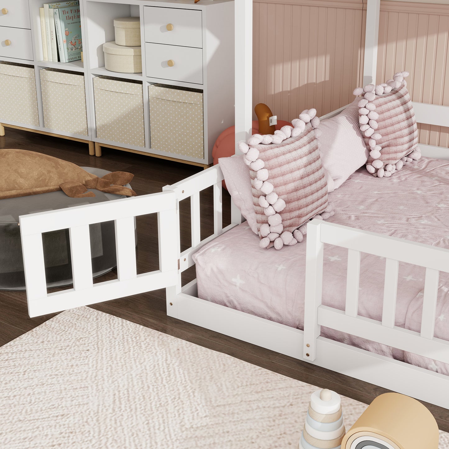 Twin Over Full Bunk Bed with Slide, Storage Staircase, Pine Solid Wooden Bunk Bed with Safety Guardrails,White (Old Sku W504S00185) image 5