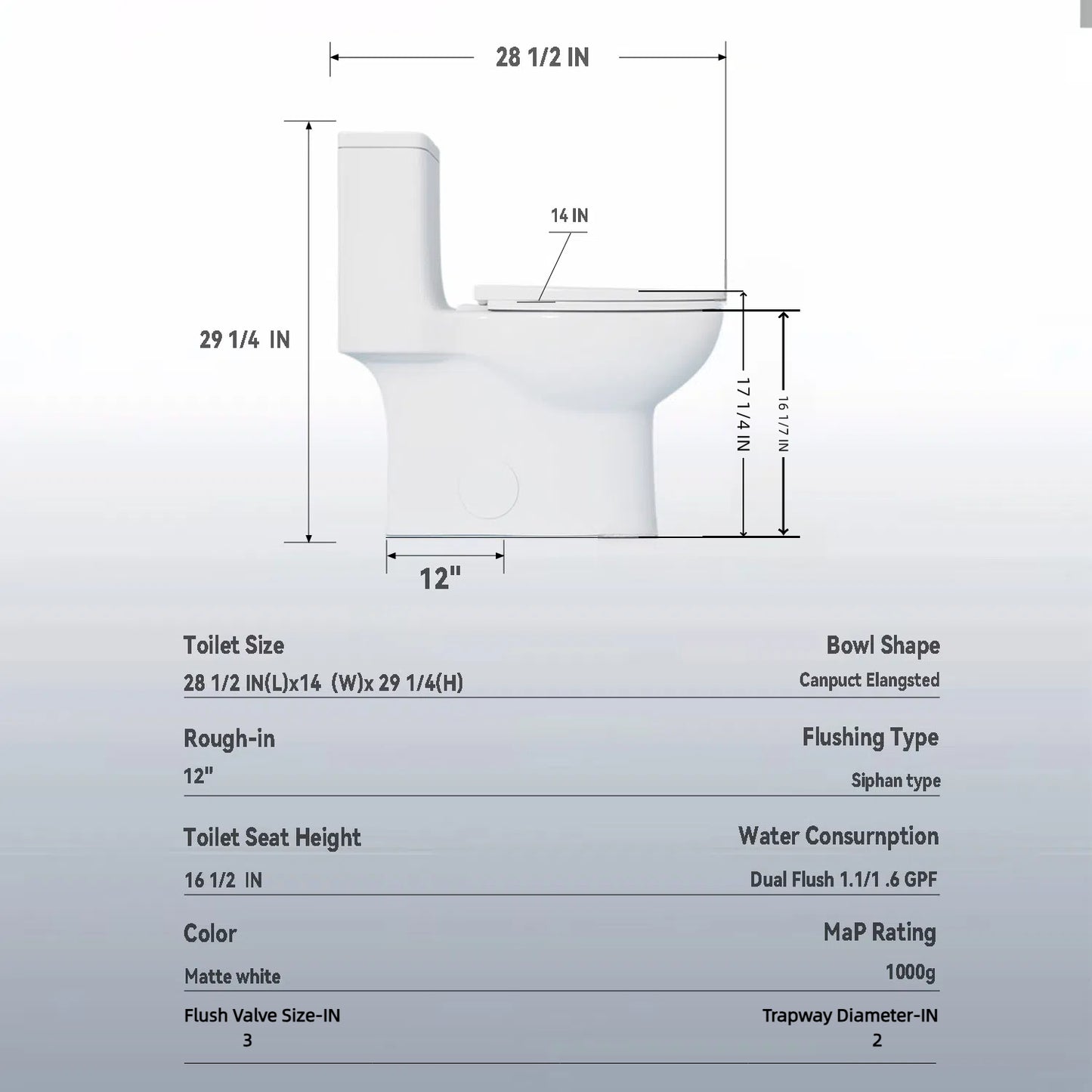 1.1/1.6 GPF Tornado Flush One-Piece Toilet with Comfort Chair Seat ADA Height 17",Powerful & Quiet Dual Flush Modern Toilet,Siphonic S-trap 12",Rimless Bowl with Soft Closing Seat, khaki
2KK-006 image 10