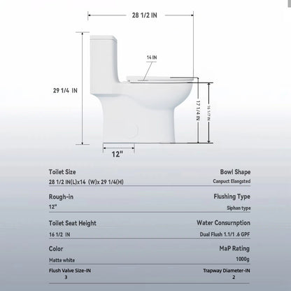 1.1/1.6 GPF Tornado Flush One-Piece Toilet with Comfort Chair Seat ADA Height 17",Powerful & Quiet Dual Flush Modern Toilet,Siphonic S-trap 12",Rimless Bowl with Soft Closing Seat, khaki
2KK-006 image 10