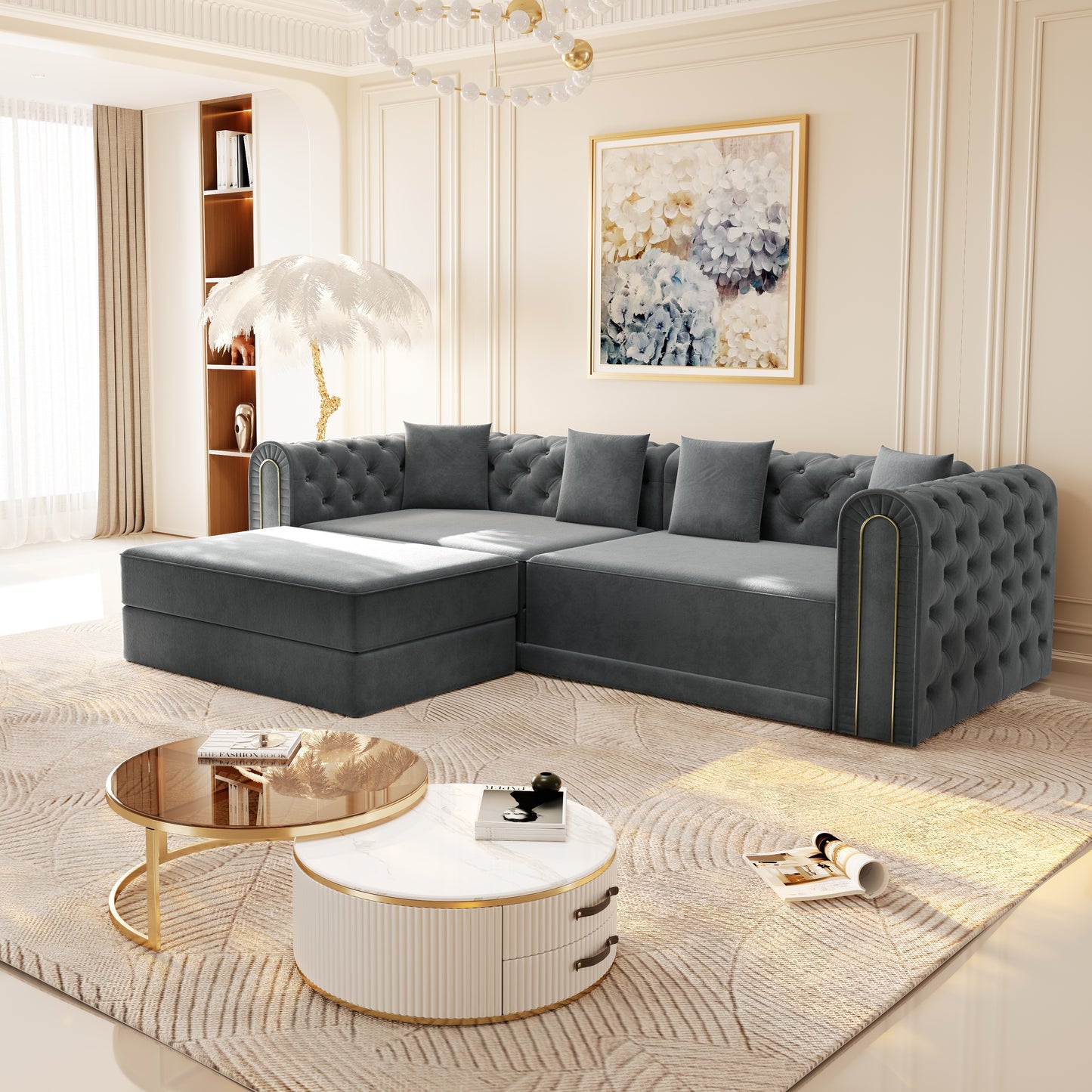 90.6" 3-in-1 Convertible Sleeper Sofa,Elegant Modern Couch with Button Tufted and Gold Edge Trim,3-Seater Couch with Movable Ottoman for Living Room,Apartment,Office,Bedroom,Dark Grey image 1