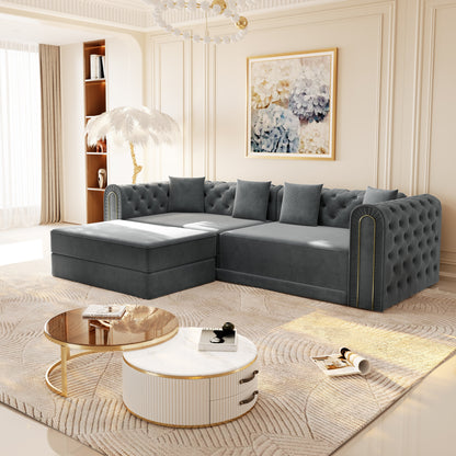 90.6" 3-in-1 Convertible Sleeper Sofa,Elegant Modern Couch with Button Tufted and Gold Edge Trim,3-Seater Couch with Movable Ottoman for Living Room,Apartment,Office,Bedroom,Dark Grey image 1