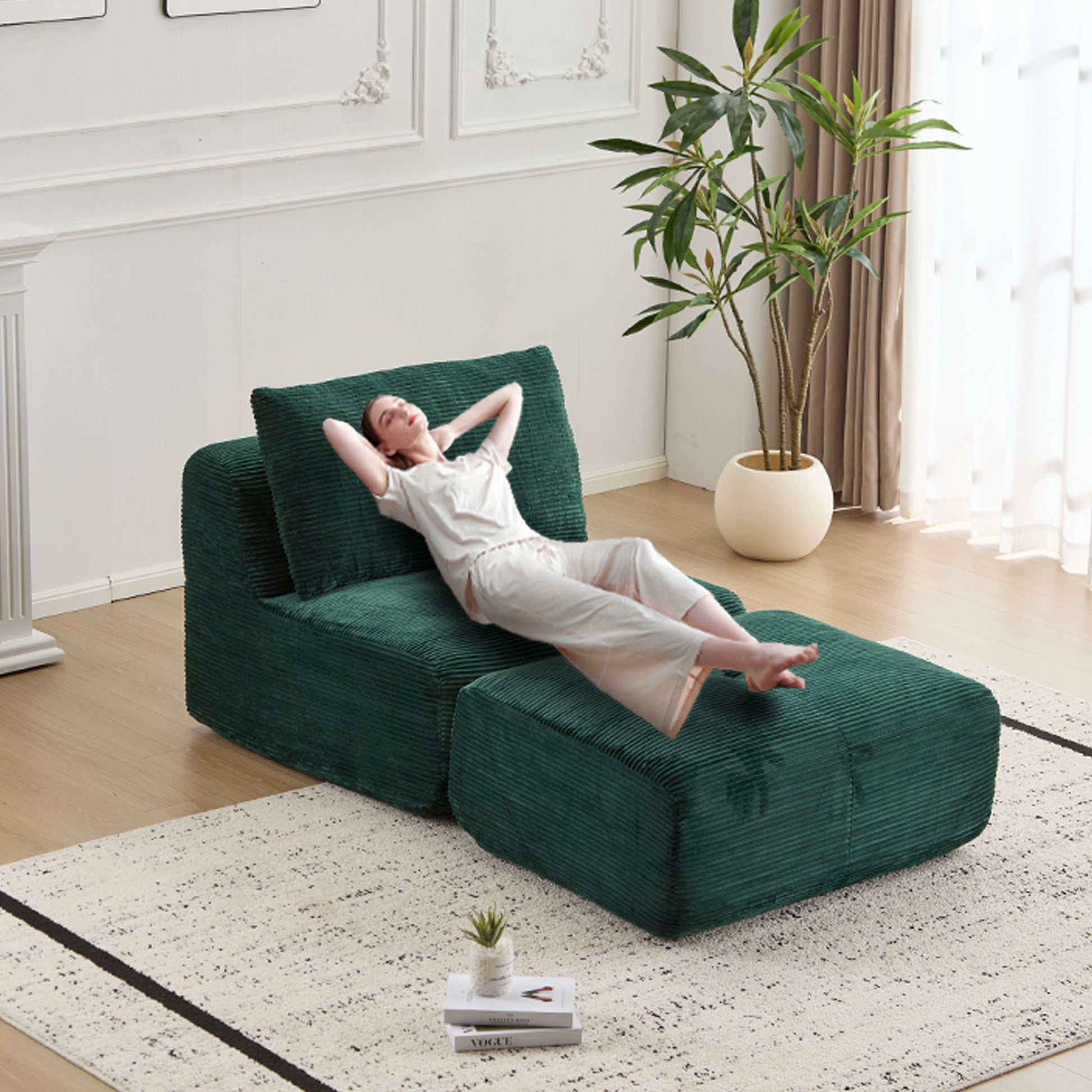 Modern Memory Foam Compressed Sofa,Single Chaise Longue for Living Room,Pet-Friendly Cloud Modular Sectional Sofa,Corduroy Fabric,Movable Ottoman,No Assembly required,Green image 7