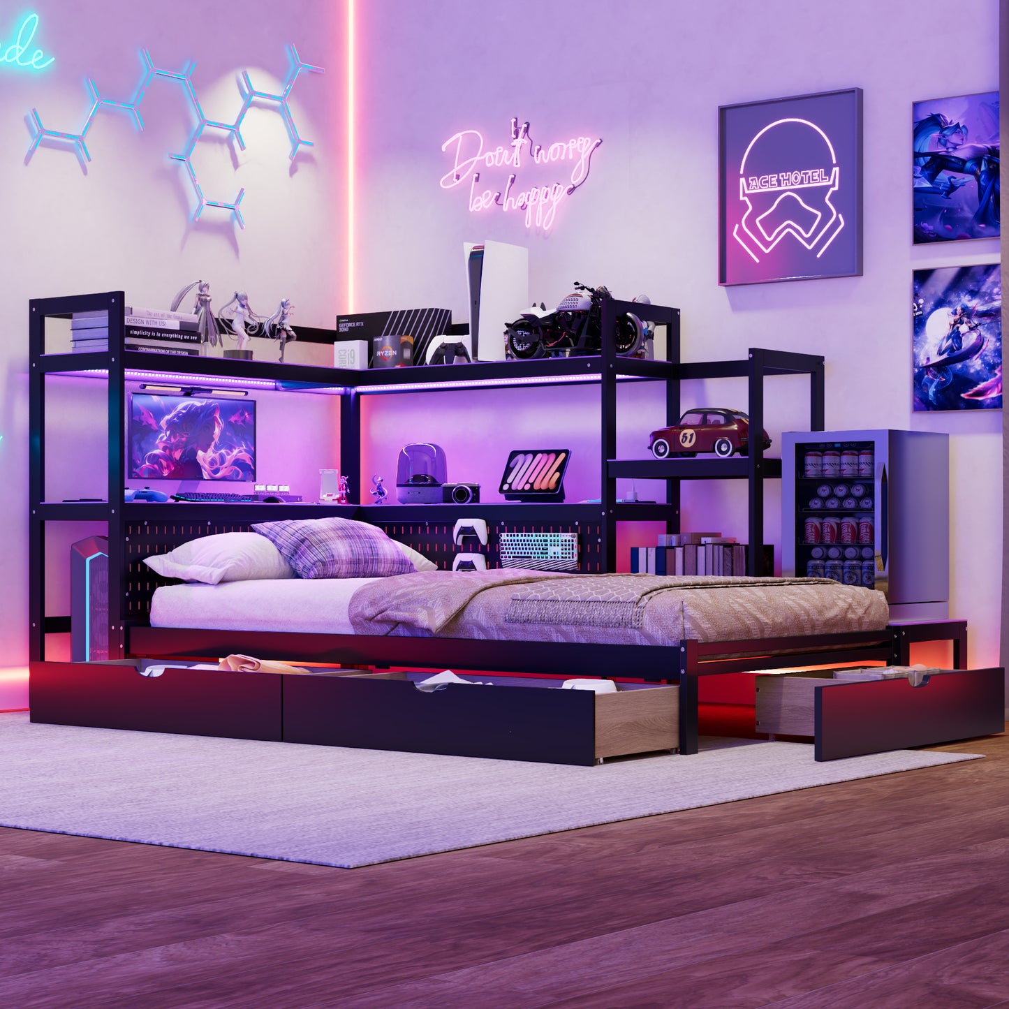 Twin Size Gaming Daybed with Integrated Desk and LED Light, Modern Wooden Bed Frame with 3 Storage Drawers and Built-in Charging Station, Multi-Functional Headboard Bookcase, Black+Purple image 6