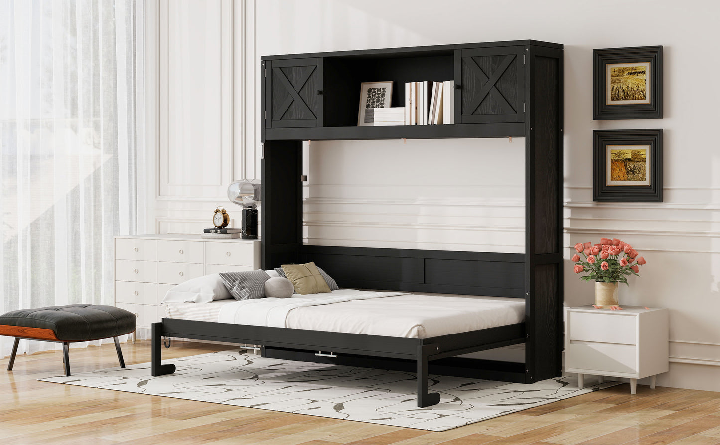 Full Size Murphy Bed with Storage Cabinets, Black image 4