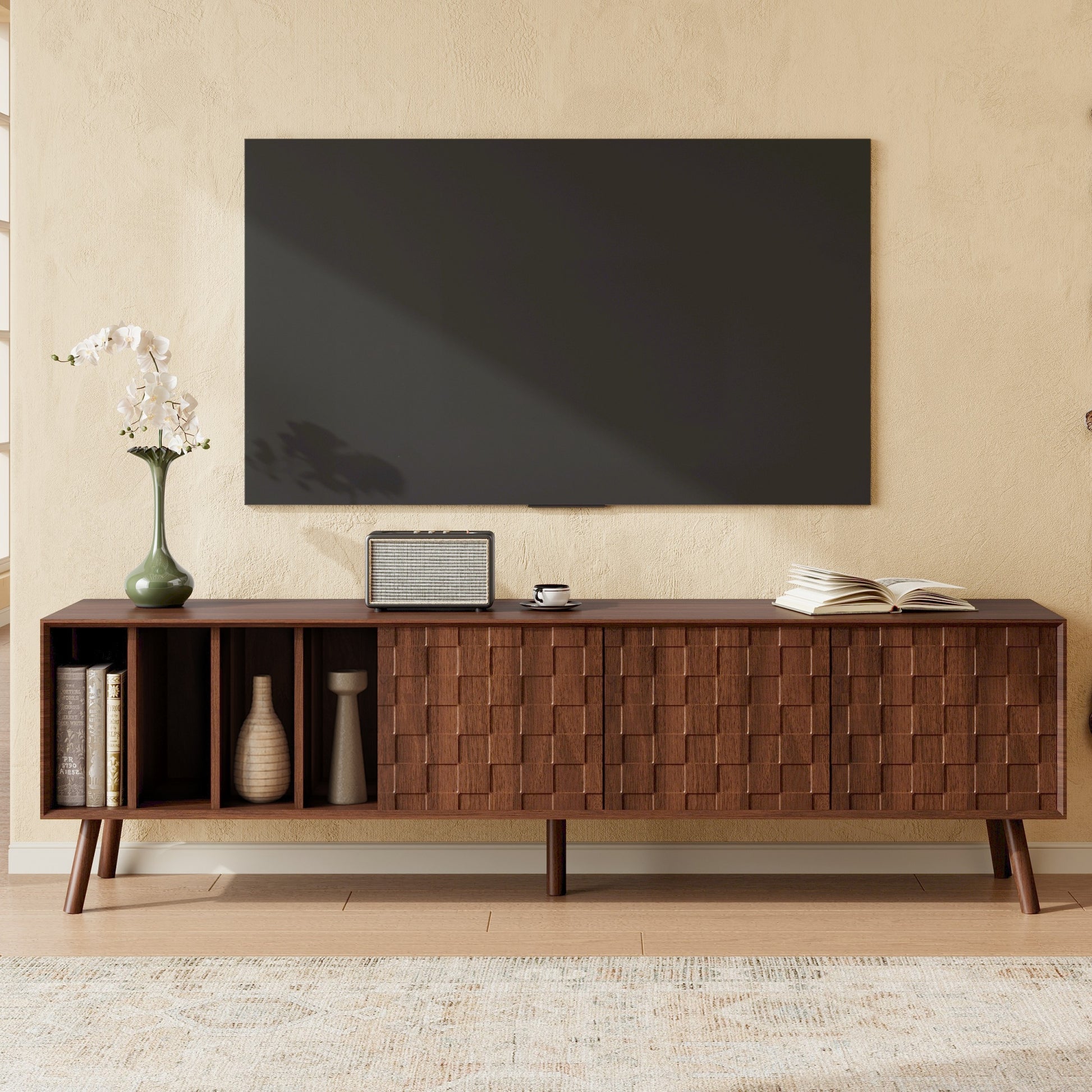 68" Mid-Century Modern TV Stand, Media Console Table for TVs up to 75'', Entertainment Center with 5 Solid Wood Legs for Living Room, Bedroom image 1