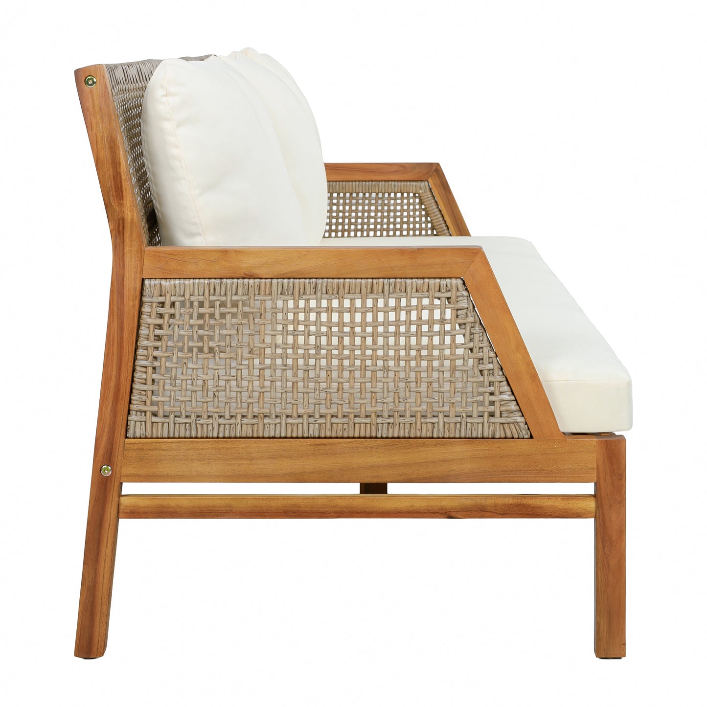 3 Piece Acacia Wood Patio Furniture Set, Outdoor Wicker Furniture Sectional Sofa Set with Coffee Table, 4 Seats Sofa Deep Seating with Soft Cushions for Garden, Backyard, Teak & Mix Brown & Cream image 7