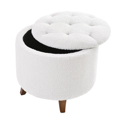 Round Ottoman storage stool with Cover Lid,Decorate the living room and bedroom with round teddy fleece storage Ottoman (White)