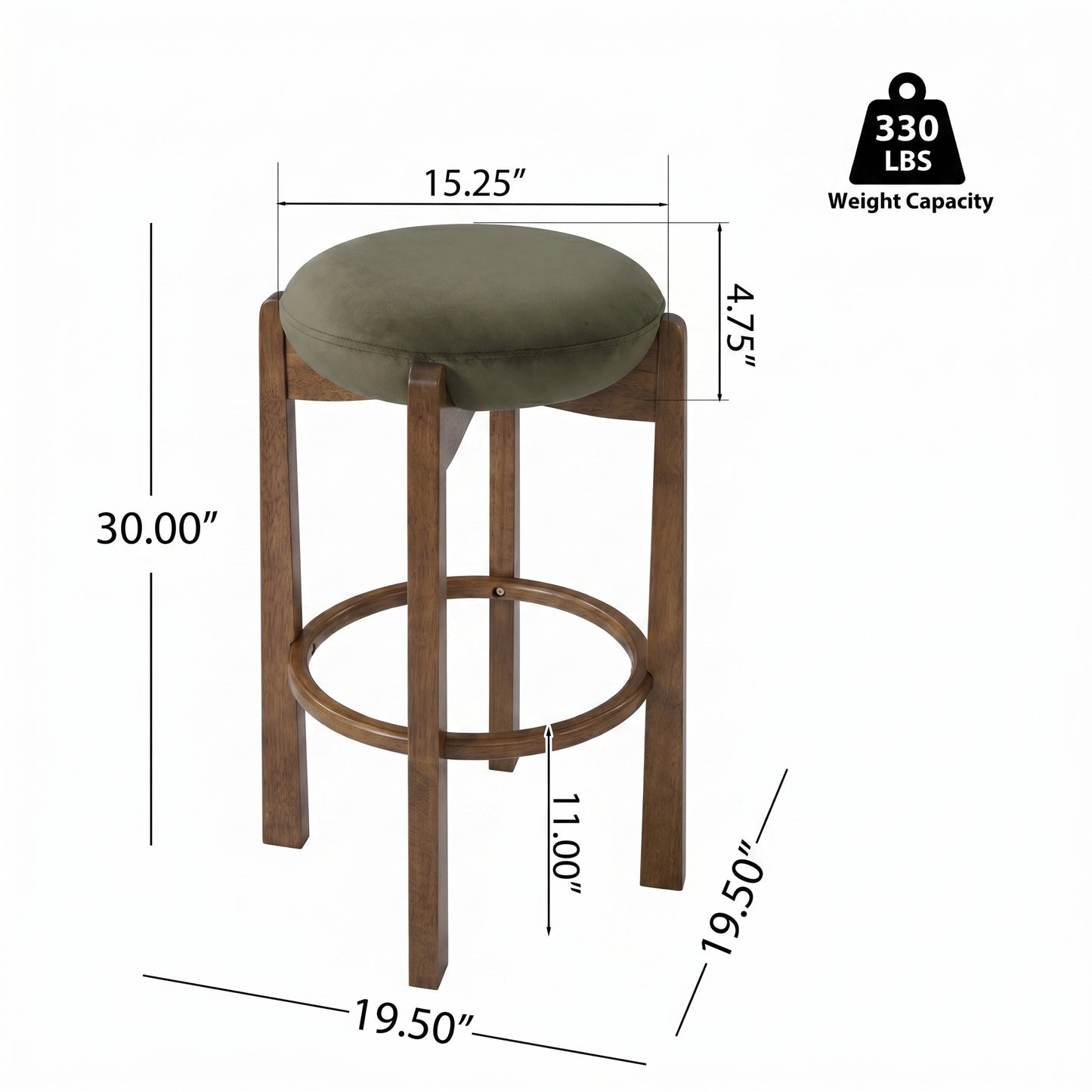 Tara Contemporary Backless Bar Stool, Dark Walnut Finish Rubber Wood Frame with Green Upholstery, Set of 2 image 4