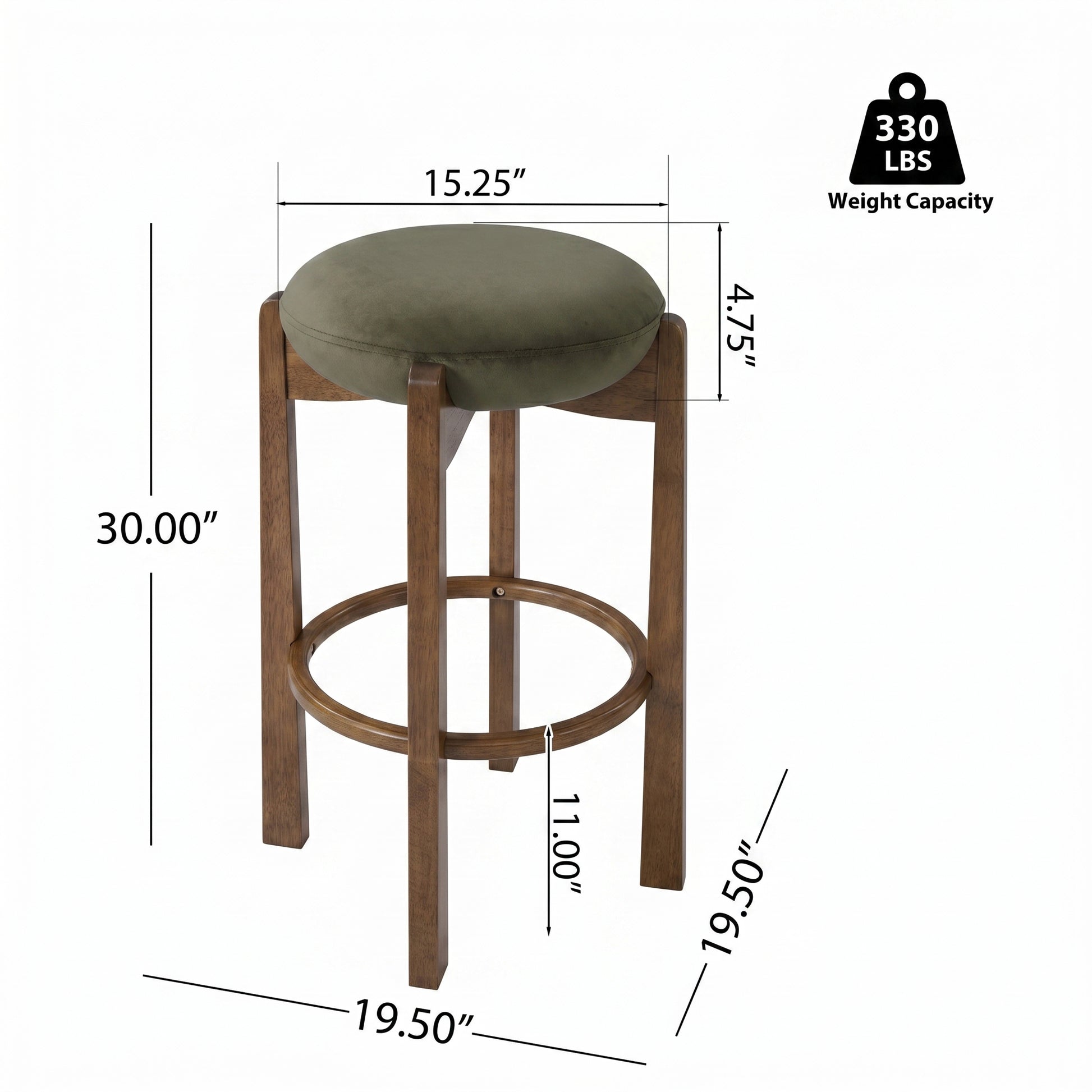 Tara Contemporary Backless Bar Stool, Dark Walnut Finish Rubber Wood Frame with Green Upholstery, Set of 2 image 4