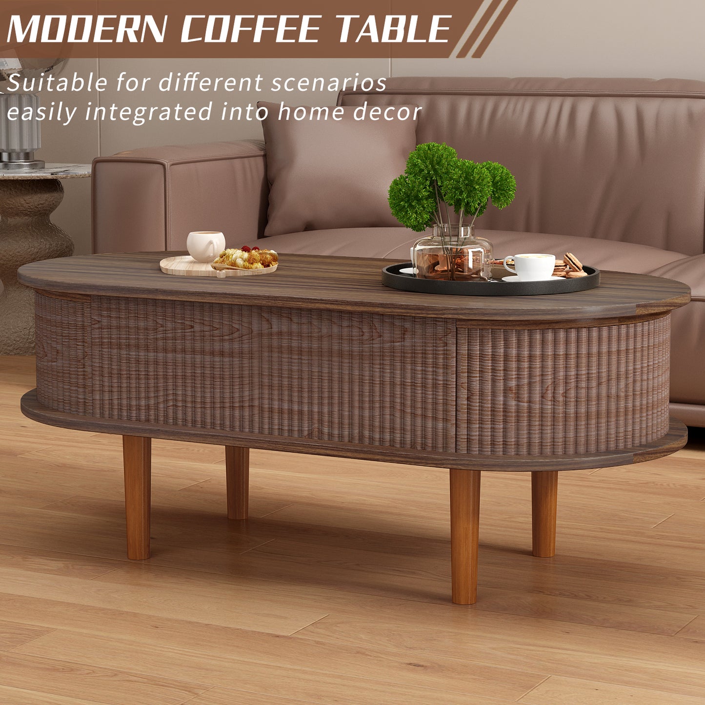 Fluted Lift Top Coffee Table with Hidden Compartment, Wooden Center Table, Modern Oval Lift Tabletop for Home Living Room Office, Walnut Color image 11