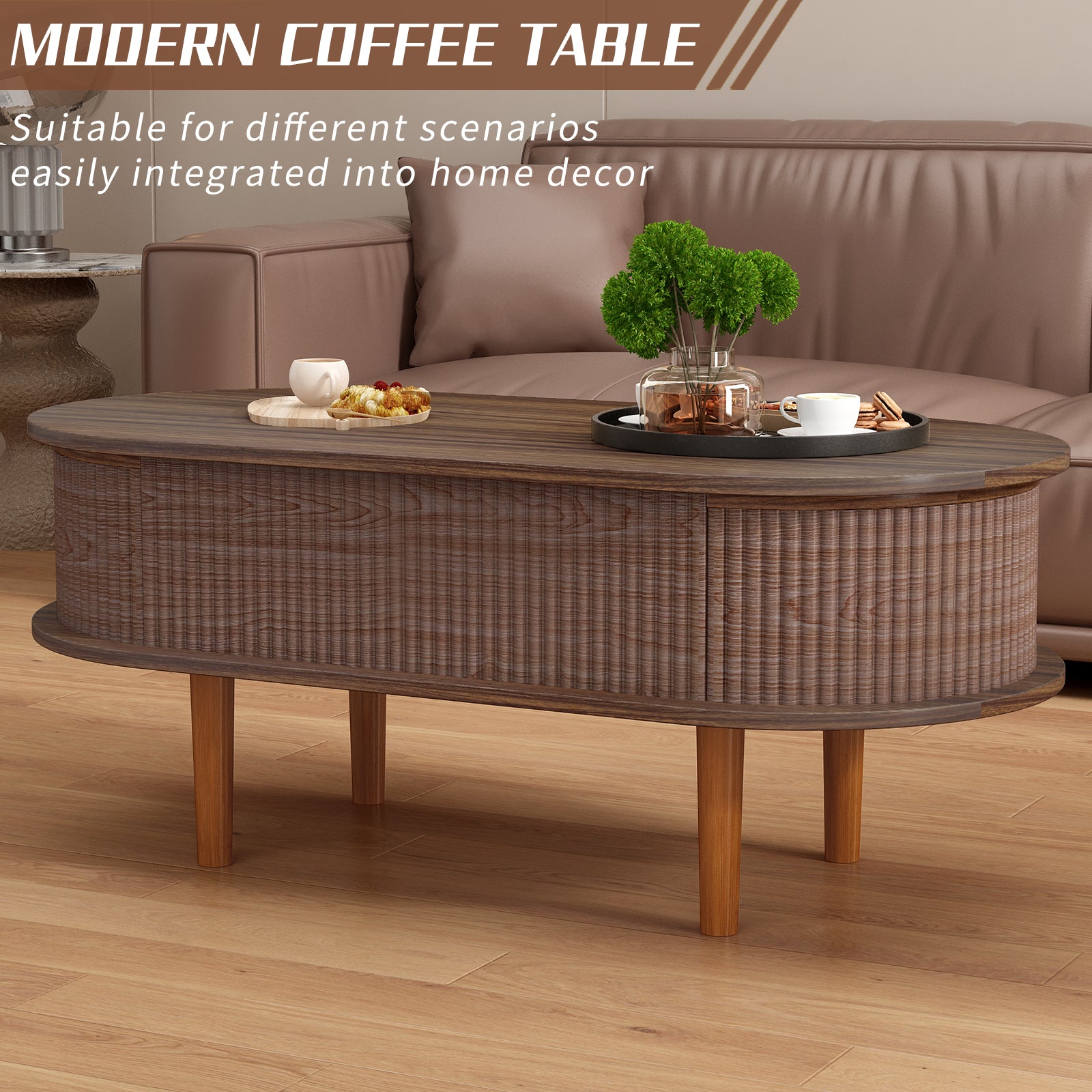 Fluted Lift Top Coffee Table with Hidden Compartment, Wooden Center Table, Modern Oval Lift Tabletop for Home Living Room Office, Walnut Color image 11