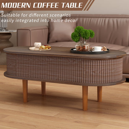 Fluted Lift Top Coffee Table with Hidden Compartment, Wooden Center Table, Modern Oval Lift Tabletop for Home Living Room Office, Walnut Color image 11