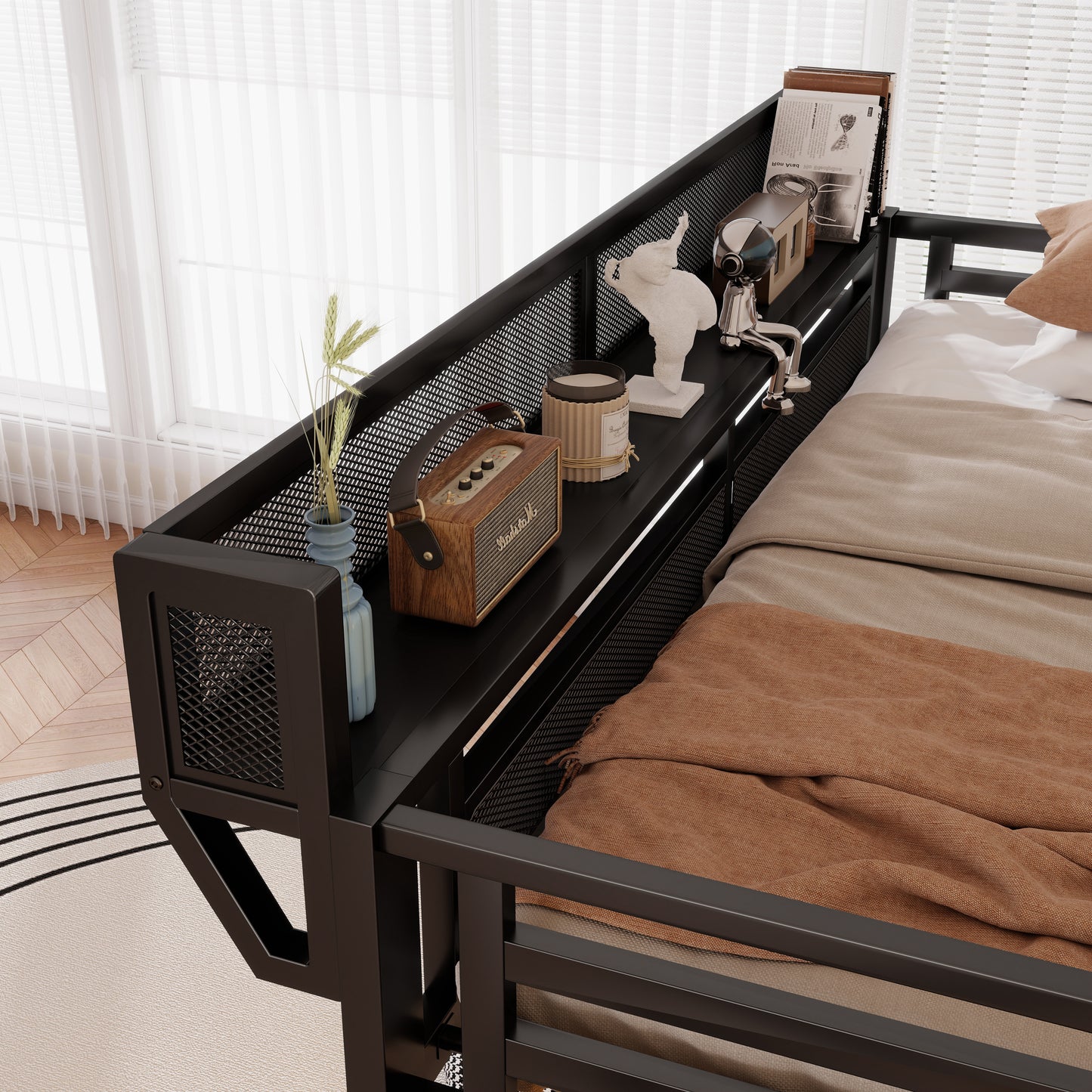 Full Size Loft Bed with Charging Station, Metal Full Loft Bed with Light and Storage, High Loft Bed with Wardrobe and Storage for Kids Teens Adults, Black(Old SKU W2580S00051) image 5