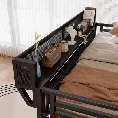 Full Size Loft Bed with Charging Station, Metal Full Loft Bed with Light and Storage, High Loft Bed with Wardrobe and Storage for Kids Teens Adults, Black(Old SKU W2580S00051) image 5