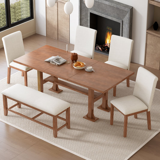 TOPMAX Farmhouse 76inch 6-Piece Extendable Dining Table Set Trestle Kitchen Table Set with 18inch Removable Leaf and Upholstered Dining Chair and Bench for Dining Room, Brown+Ivory image 1