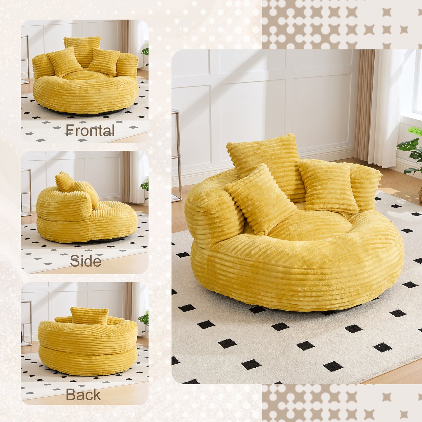 Single Bean Bag Chairs, Bean Bag Sofa for Adults, Kids,Corduroy Bean Bag Chair with 3 Pillows & Armrest,Beanbag Chair & Lazy Sofa with Foam Filler for Bedroom Living Room Dorm image 3