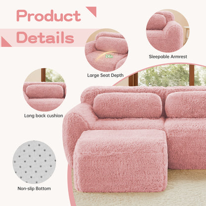 L-shaped Boneless Sofa,Soft Fluffy Plush Fabric,With Chaise 32D High Density Sponge,No Assembly Required,Ergonomic Design Bottom Anti-Slip Design,With Throw Pillows,Fits Bedrooms,Pink image 9