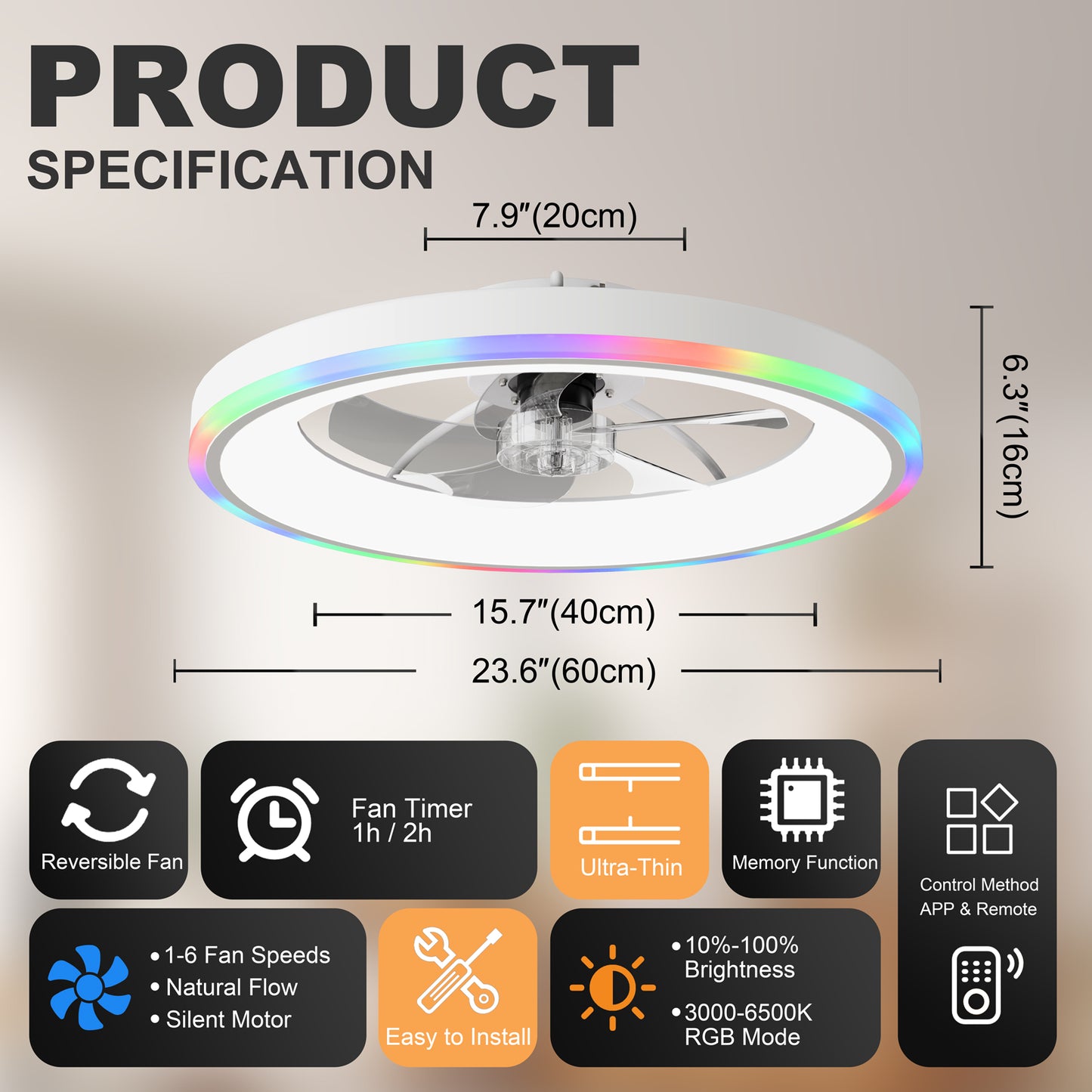 23.6" Modern RGB Ceiling Fan with Lights, Flush Mount Low Profile Fan with Remote & APP, 6-Speed Reversible Silent DC Motor, Dimmable 3000-6500K LED for Bedroom, White image 8