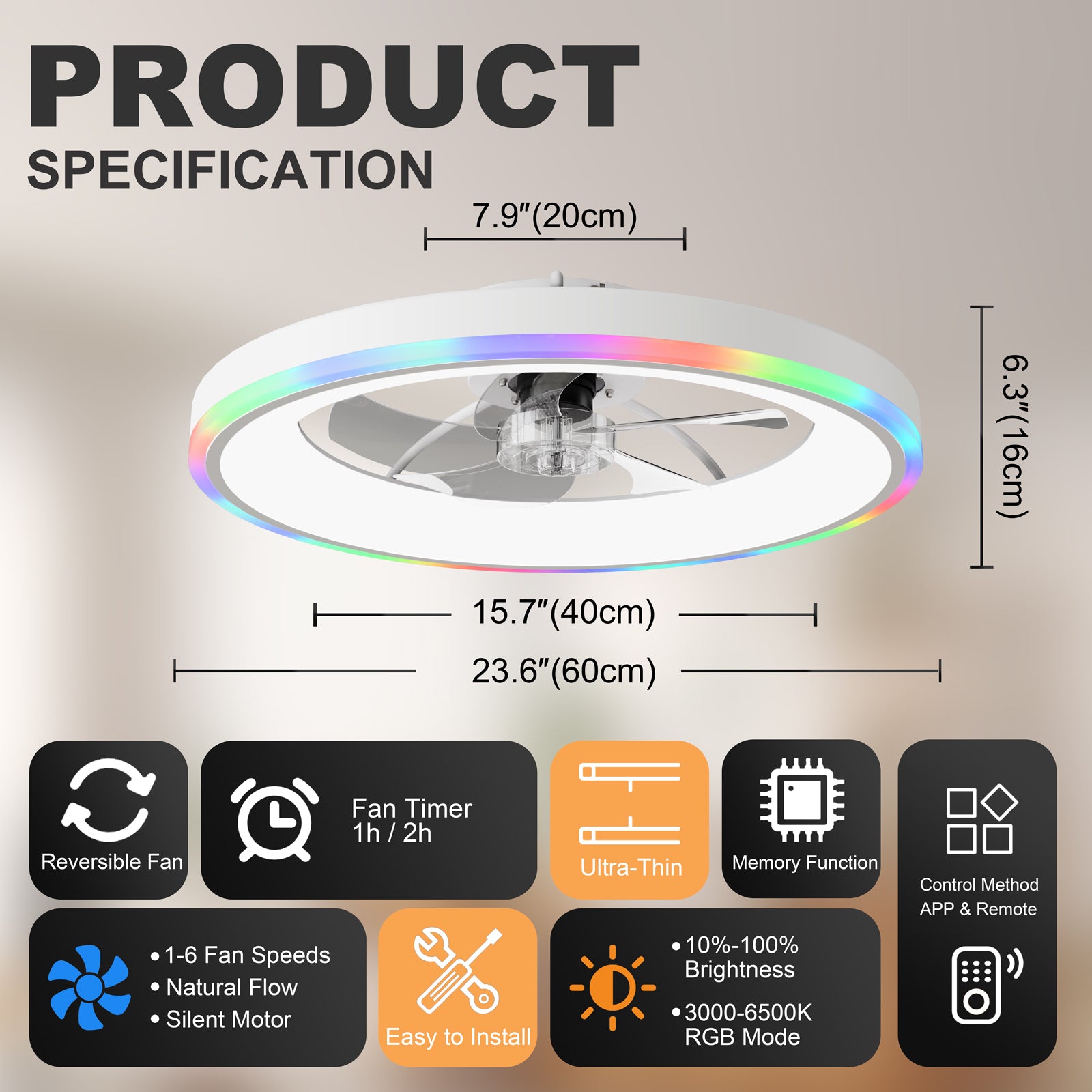 23.6" Modern RGB Ceiling Fan with Lights, Flush Mount Low Profile Fan with Remote & APP, 6-Speed Reversible Silent DC Motor, Dimmable 3000-6500K LED for Bedroom, White image 8