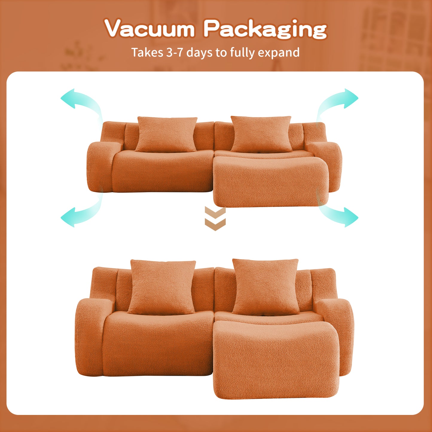 L-Shaped Teddy Fabric 2-Seat Boneless Sofa,No Assembly Required Curved Armrest,Streamlined Design Ergonomic Design,32D High Density Sponge For Living Rooms Rest Areas Bedroom,Orange image 9