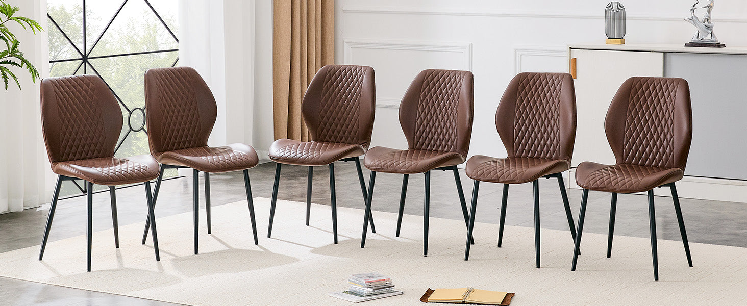 Set of 4 modern light luxury brown diamond-quilted PU chairs with black metal legs. Suitable as upholstered dining chairs with backrests for dining rooms, adaptable to a wide range of scenarios. image 5
