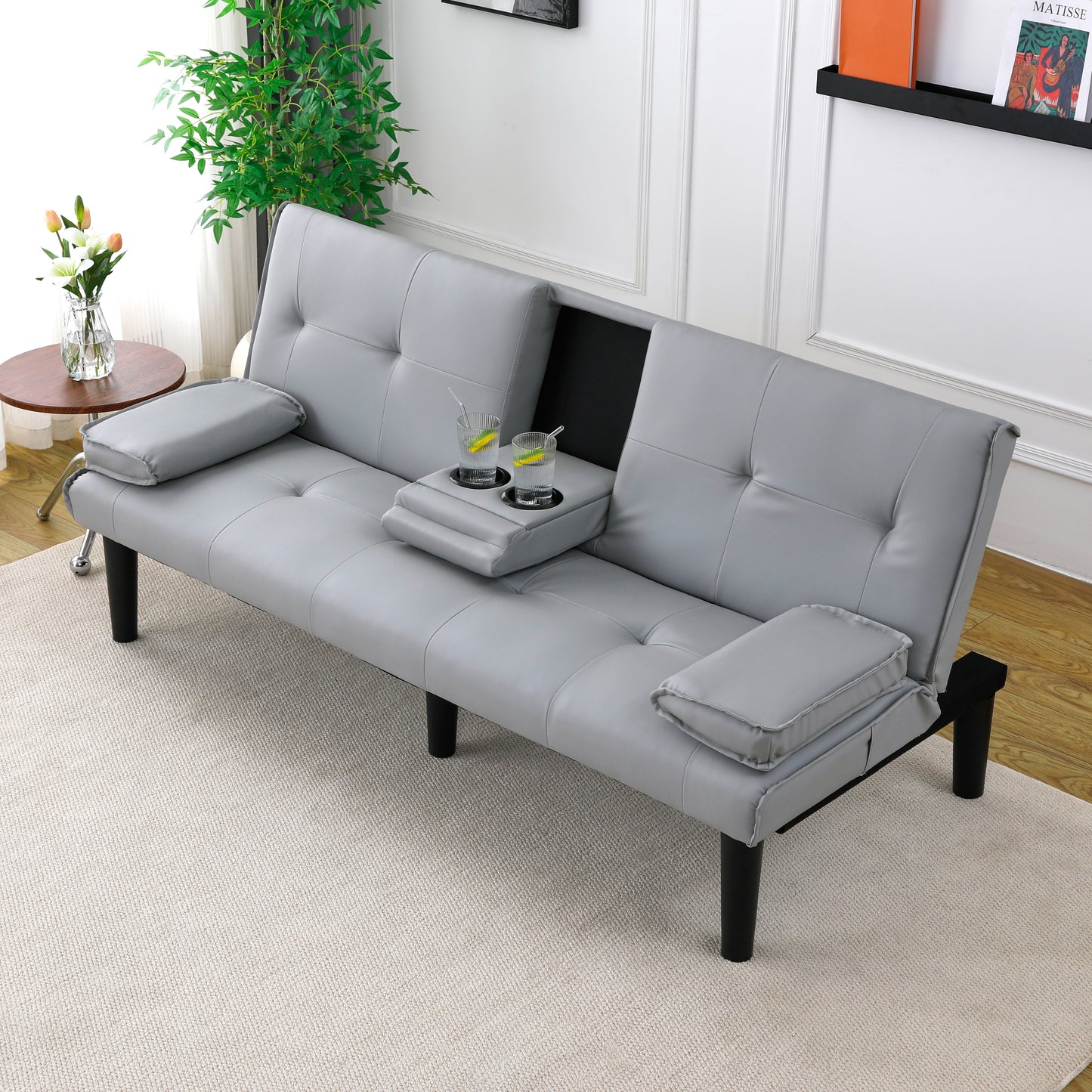 The 67-inch light gray PVC multi-functional sofa bed, with a foldable and cup holder design, makes it extremely convenient to turn the living room into a guest room image 1